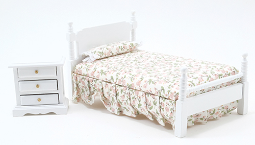 Dollhouse Miniature Bed & Night Stand, White